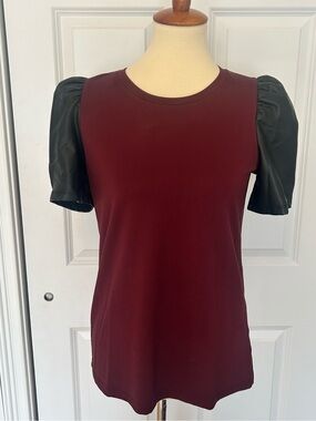 Nine West Burgundy Tee with Black Faux-Leather Puff Sleeves🆕